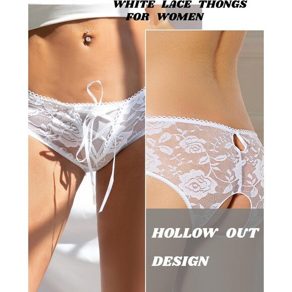 Women's White Lace Short Crotchless Sexy Panties Crisscross Strappy Underwear - Picture 3 of 7